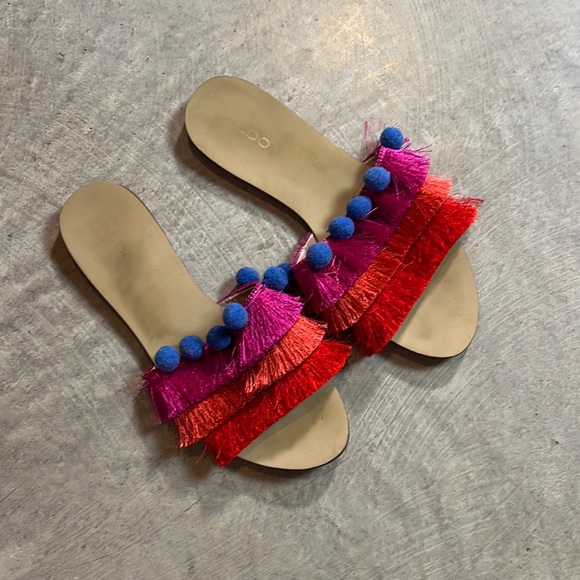 Sunset Tassel Fringe Boho Flat Slip On Colour Block Slide Pom Poms Ball Sandal 7 - Picture 2 of 5